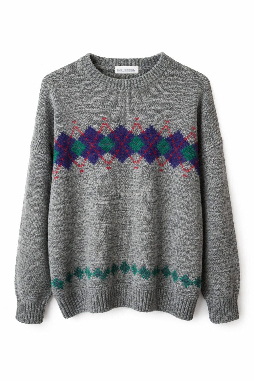 Brian MacNeil Vintage Gray Knit Sweater Argyle Pattern 80s Grandpa Core Large